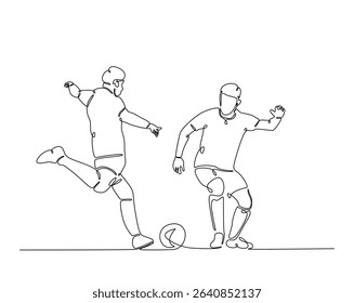 Football player outline drawing illustration. one continuous line drawing of soccer player kick the ball.