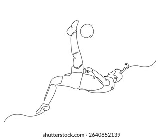 Football player outline drawing illustration. one continuous line drawing of soccer player kick the ball.