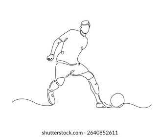 Football player outline drawing illustration. one continuous line drawing of soccer player kick the ball.