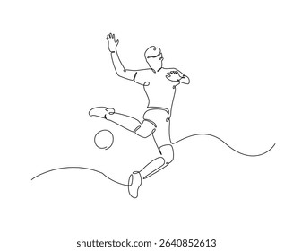 Football player outline drawing illustration. one continuous line drawing of soccer player kick the ball.