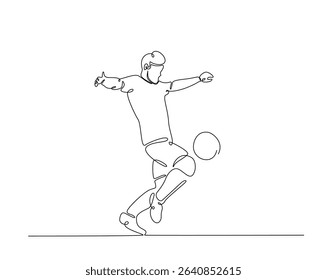 Football player outline drawing illustration. one continuous line drawing of soccer player kick the ball.