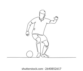 Football player outline drawing illustration. one continuous line drawing of soccer player kick the ball.