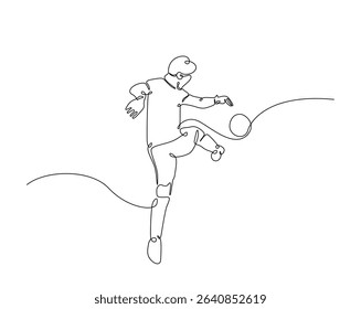 Football player outline drawing illustration. one continuous line drawing of soccer player kick the ball.