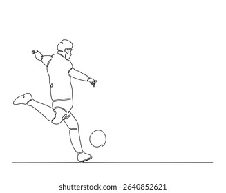 Football player outline drawing illustration. one continuous line drawing of soccer player kick the ball.