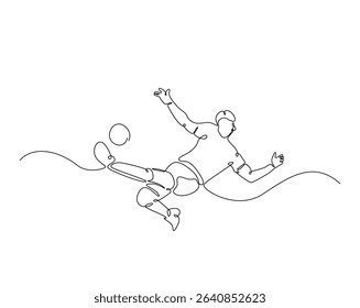 Football player outline drawing illustration. one continuous line drawing of soccer player kick the ball.