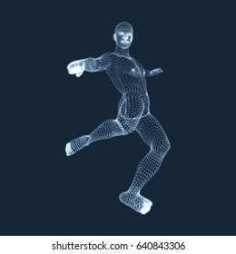 A football player from particle. Sports concept. 3D Model of Man. Sport Symbol. Vector Illustration.