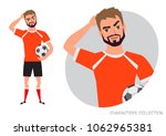 the football player is pensive, thinking. Portrait of handsome young thoughtful soccer player. Vector character in cartoon style