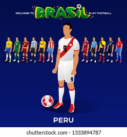 Football player of Peruand other national team players in the form of national teams. Championship Conmeball Copa America 2019 in Brazil. Vector illustration in flat style.