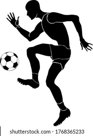 A football player plays with a ball. Sport. Vector monochrome isolated silhouette image.