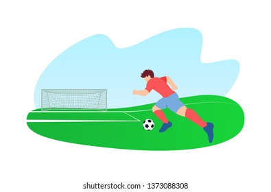 Football player is preparing to score a goal on an background of green field and blue sky. Vector illustration in flat style. 