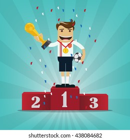 Football player proudly standing on the winning podium holding up soccer ball shaped cup and ball. vector illustration 