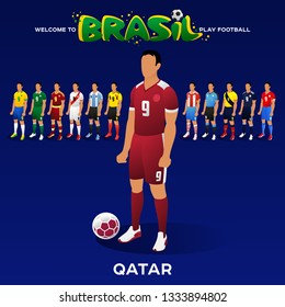 Football player of Qatar and other national team players in the form of national teams. Championship Conmeball Copa America 2019 in Brazil. Vector illustration in flat style.