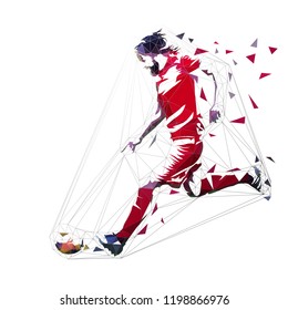 Football player in red jersey running with ball, abstract low poly vector drawing. Soccer player kicking ball. Isolated geometric colorful illustration, side view