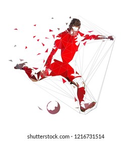 Football player in red jersey running with ball, abstract low poly vector drawing. Soccer player kicking ball. Isolated geometric colorful illustration, side view