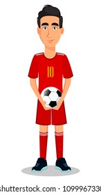 Football player in red uniform. Handsome cartoon character holding soccer ball. Vector illustration on white background. 