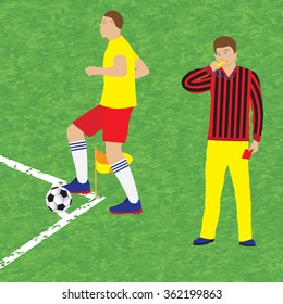 Football player and referee with whistle and red card. Soccer. Sport.