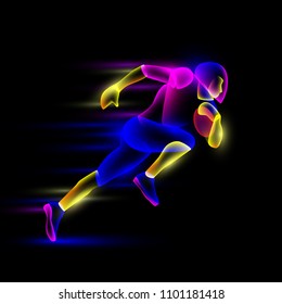 Football player running with the ball. Abstract neon transparent overlay layers look like a virtual football player character.