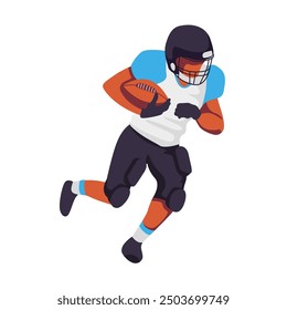 Football player running with the ball during a game in a stadium. Vector illustration