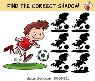 Football player running with the ball. Find the correct shadow. Educational game for children. Cartoon vector illustration