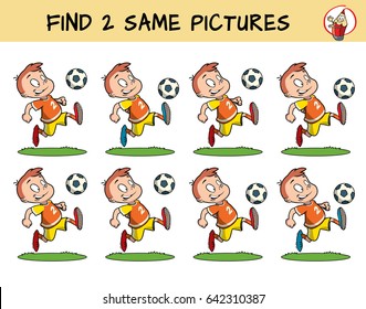 Jugador de fútbol corriendo con la pelota. Encuentra dos fotos iguales. Juego educativo para niños. Ilustración vectorial de dibujos animados