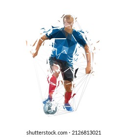 Football player running with ball, isolated low polygonal vector illustration from triangles, front view. Soccer, team sport