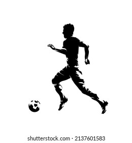 Football player running with ball, isolated vector silhouette, side view. Soccer, team sport athlete. Footballer logo