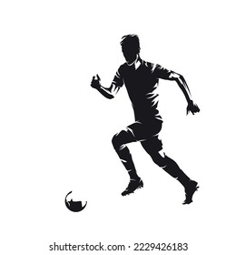 Football player running with ball, isolated vector silhouette, ink drawing. European football athlete