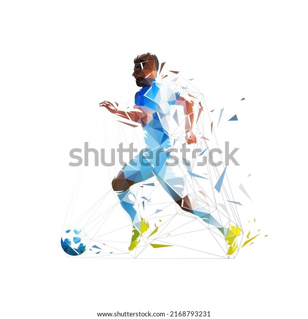 Football player running with ball,\
isolated low poly vector illustration, side view. Soccer, team\
sport athlete. Geometric footballer logo from\
triangles