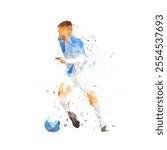 Football player running with ball, soccer. Isolated low polygonal distorted vector illustration. Team sports, side view