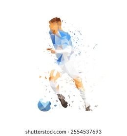 Football player running with ball, soccer. Isolated low polygonal distorted vector illustration. Team sports, side view