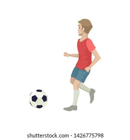 Football player, a player in school football, runs in training, plays sports for football competitions. Vector cartoon flat illustration on white background.