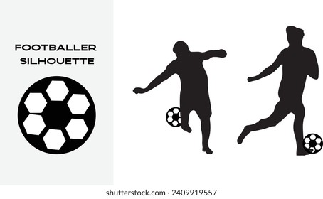 Football player silhouette, vector footballer silhouette with a white background and a ball icon 