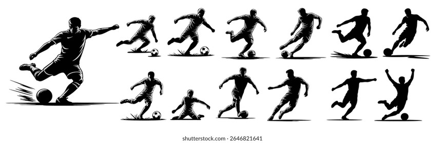 Football Player Silhouette Vector set, High-quality black silhouette collection of 13 football player action poses, perfect for t-shirt prints, posters, stickers, cards, and sports graphics.