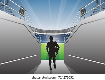 Football Player Silhouette With A Walking On A Stadium Tunnel. Vector Illustration.