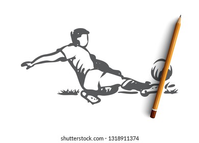 Football player, soccer, goal, kick concept. Hand drawn soccer player with ball concept sketch. Isolated vector illustration.