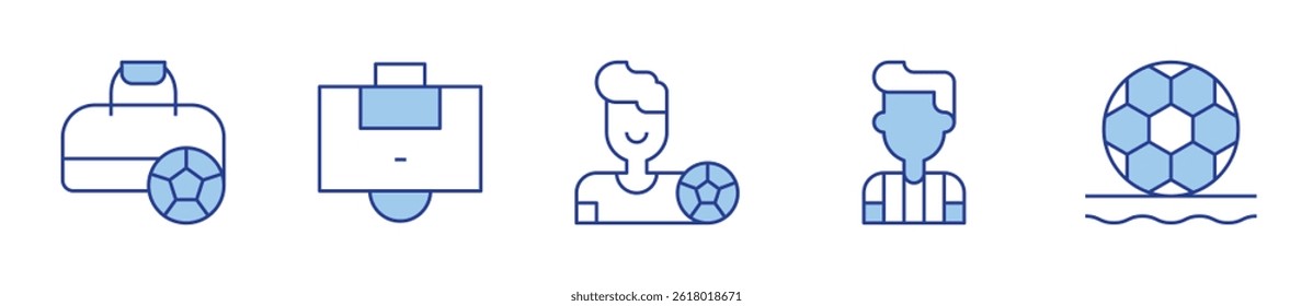 football player, sport bag, football referee, soccer, area. Football Icon vector illustration. Line Duotone style. Editable stroke.