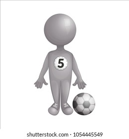 A football player is standing next to the ball. A imitation three d person without a face. A steel silver man. Vector illustration. Character isolated