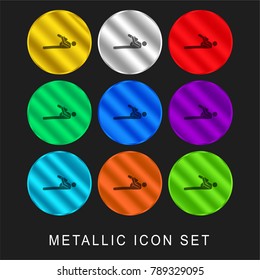 Football player stretching with flexed leg to chest 9 color metallic chromium icon or logo set including gold and silver