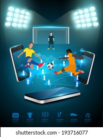 Football player striking the ball at the stadium, Technology communication, Creative virtual networking information process diagram connection on mobile phones, Vector illustration modern template