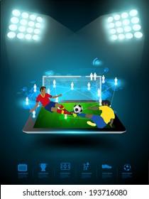 Football player striking the ball at the stadium, Technology communication, Creative virtual networking information process diagram connection on tablet computer, Vector illustration modern template