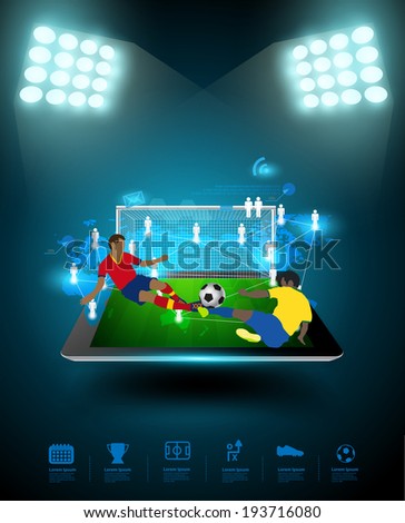 Football player striking the ball at the stadium, Technology communication, Creative virtual networking information process diagram connection on tablet computer, Vector illustration modern template