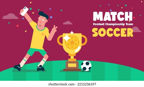 Football player take a selfie with Football Cup Trophy, Football competition symbol, Flat Avatar illustration