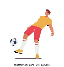 Football Player in Team Uniform Kick Ball, Young Sportsman Character Training, Making Stunts during Soccer Sport League Tournament. Sportsman in Motion at Game. Cartoon People Vector Illustration