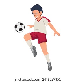 Football player. Teenage sportsman is training before competition in flat vector illustration isolated on white background. Cartoon guy kicks soccer ball and scores goal.