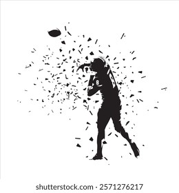 Football player throws ball, isolated vector silhouette with dispersion effect, ink drawing, rear view. American football, team sports