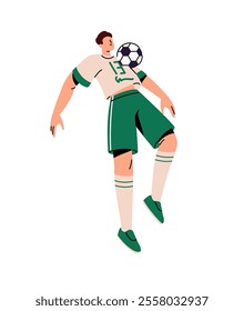 Football player training to catch, hit, bounce ball by chest. Professional sportsman plays soccer. Athlete on sport game, match practices tricks. Flat isolated vector illustration on white background