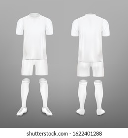 Football player training kit mockup set - realistic white T-shirt, shorts, socks and soccer shoes mock up from front and back view - isolated vector illustration.