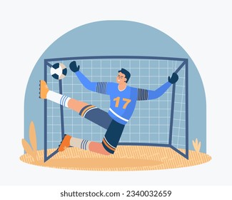 Jugador de fútbol con guantes uniformes y protectores jugando. El arquero se pone de pie en el gol y atrapa la pelota. Concepto deportivo profesional. Ilustración vectorial plana en estilo de dibujos animados