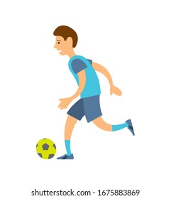 Football player in uniform running with ball isolated cartoon character. Vector footballer in t-shirt and shorts kicking leather soccer-ball, athletic man play game