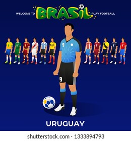 Football player of Uruguay and other national team players in the form of national teams. Championship Conmeball Copa America 2019 in Brazil. Vector illustration in flat style.